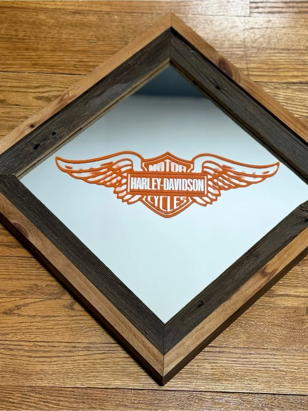 Vintage Handmade Harley Davidson Rustic Framed Diamond Shaped Wall Mirror